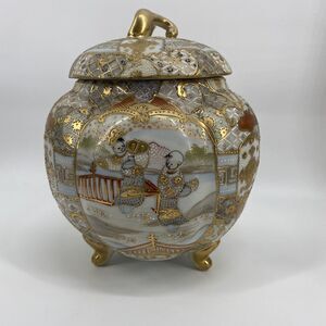 Antique Royal Satsuma Nippon Porcelain Lidded Jar Japan Moriage Gold 3 Images